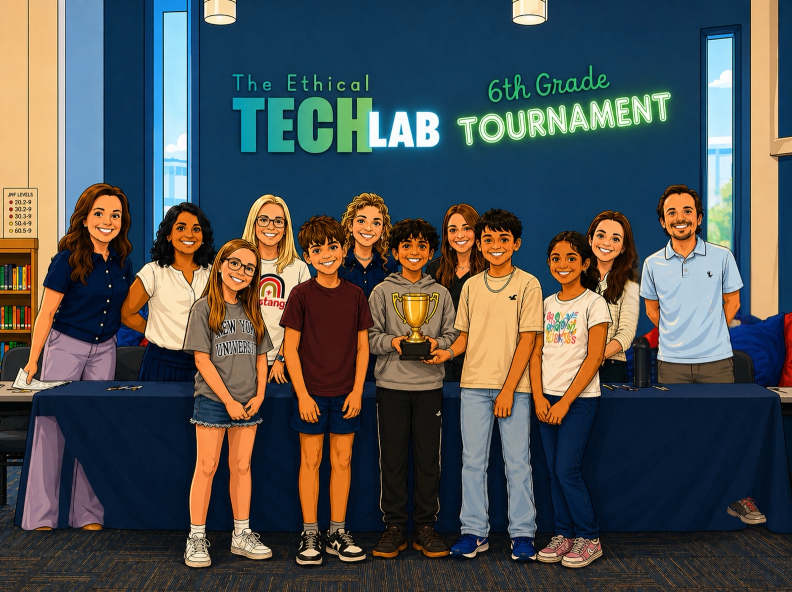 The 2026 Ethical Tech Tournament champions, Team Bleu, holding the trophy with their coaches and judges behind them.
