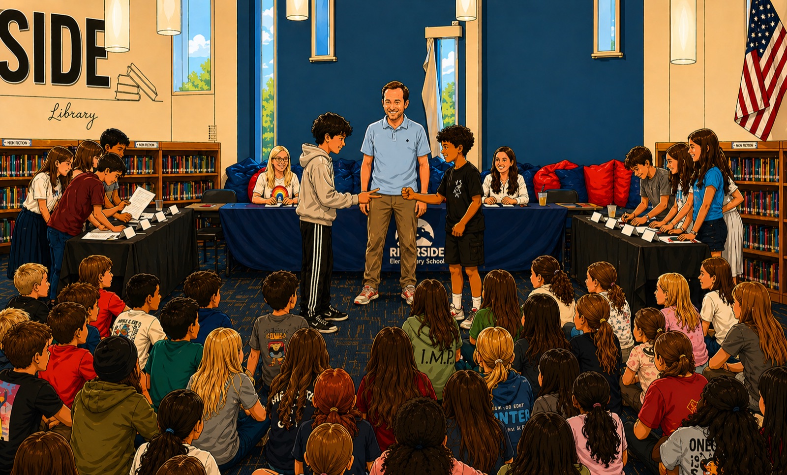 Illustration of two student opponents shaking hands at the front of the room after the 2026 Ethical Tech Tournament, with judges and audience looking on.