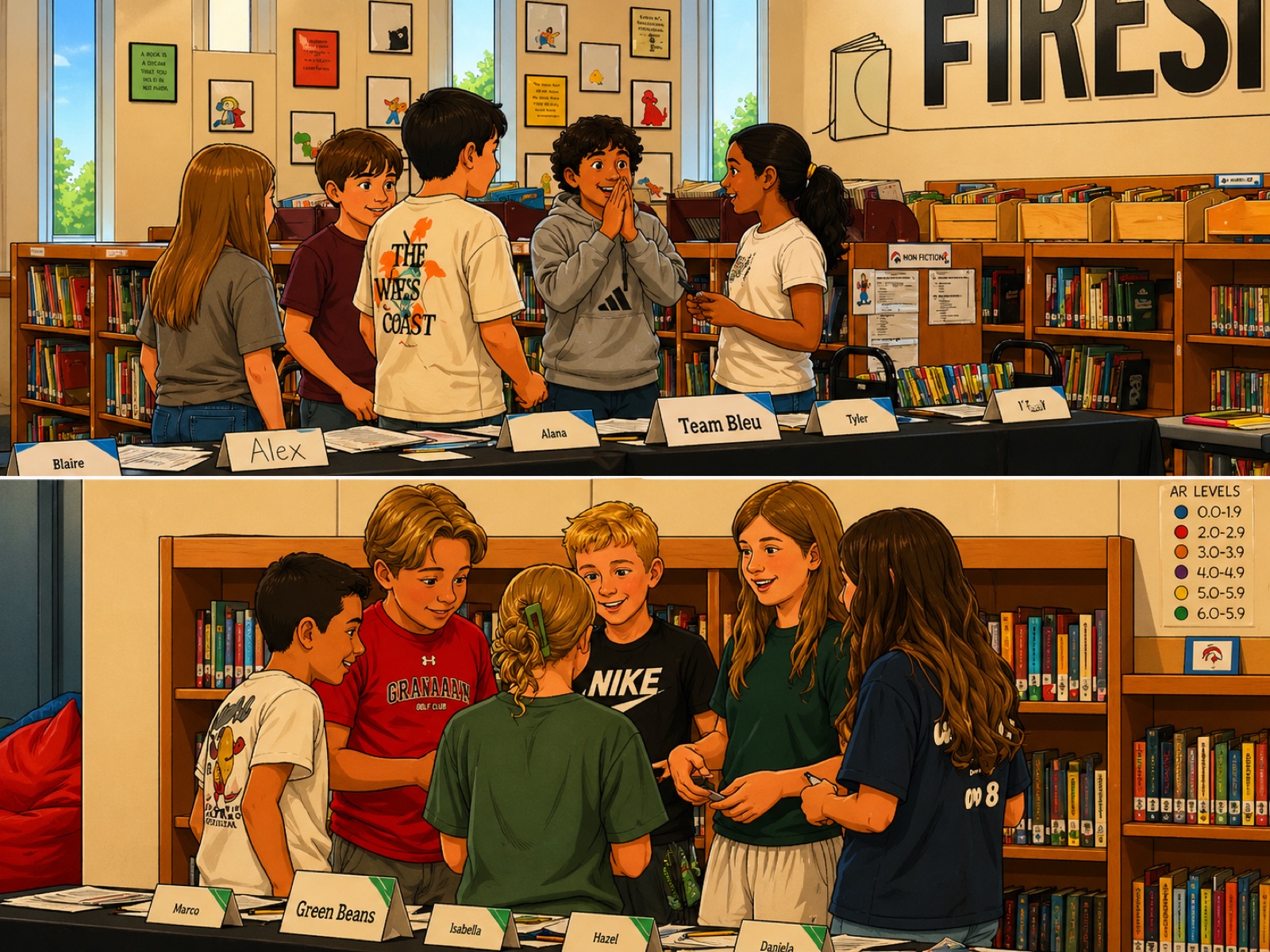 Illustration of two student teams huddling at their library tables before the 2026 Ethical Tech Tournament, leaning in to confer on their analysis.