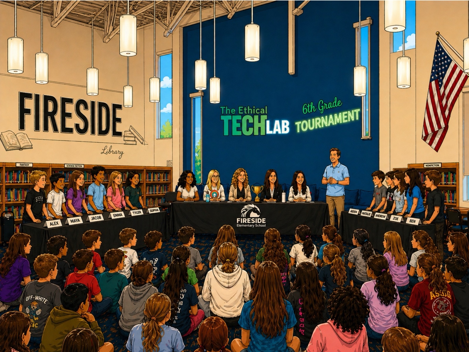 Illustration of the 2026 Ethical Tech Tournament: two student teams seated at tables with judges between them, an audience of classmates seated on the floor watching.